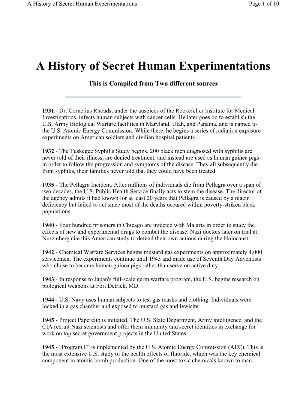 A History of Secret Human Experimentations Page 1 of 10