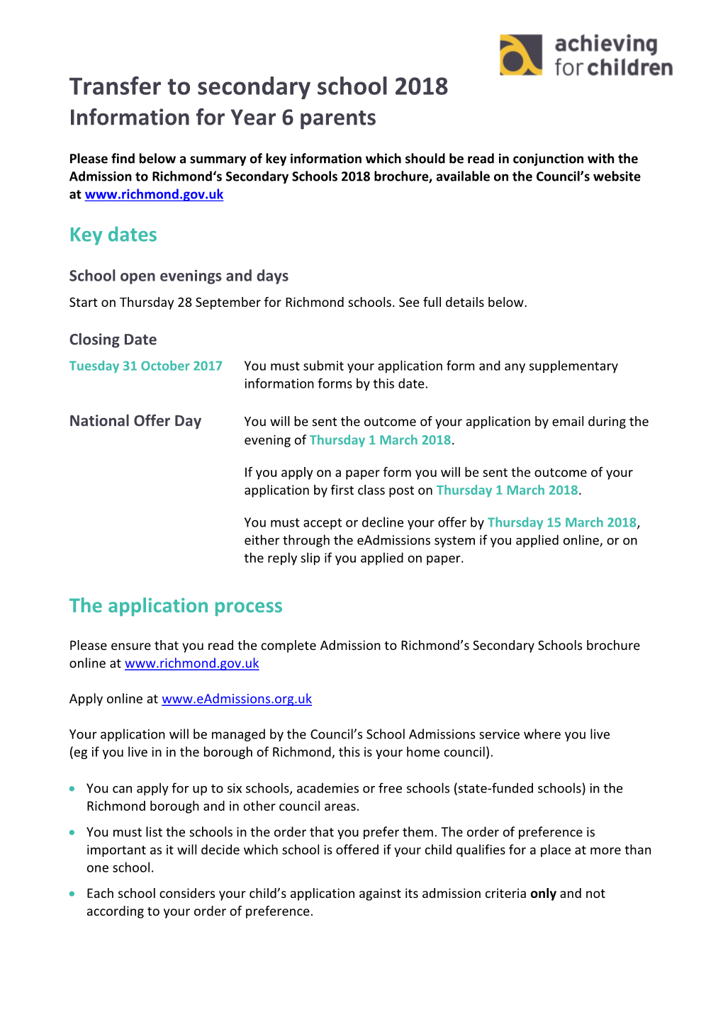 Transfer to Secondary School 2018 Information for Year 6 Parents