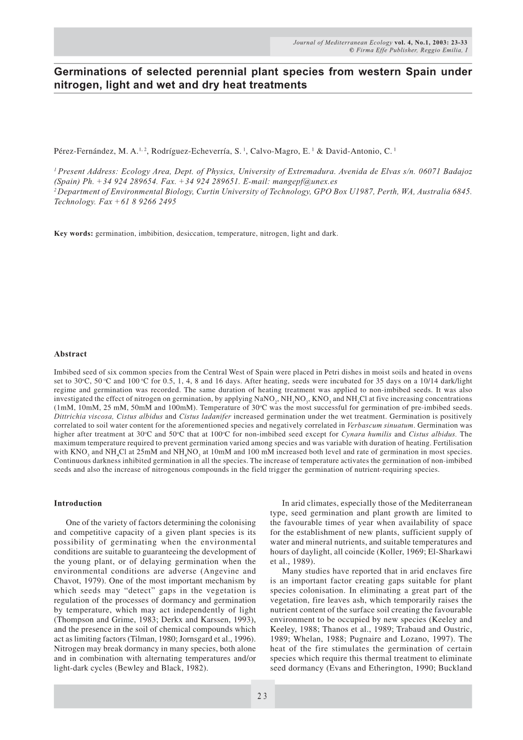 Germinations of Selected Perennial Plant Species from Western Spain Under Nitrogen, Light and Wet and Dry Heat Treatments