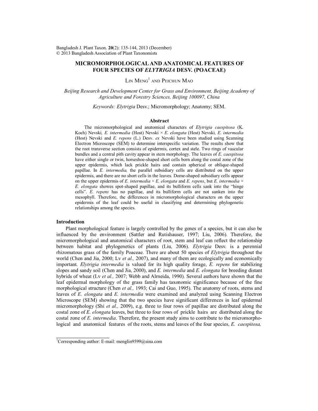 Micromorphological and Anatomical Features of Four Species of Elytrigia Desv