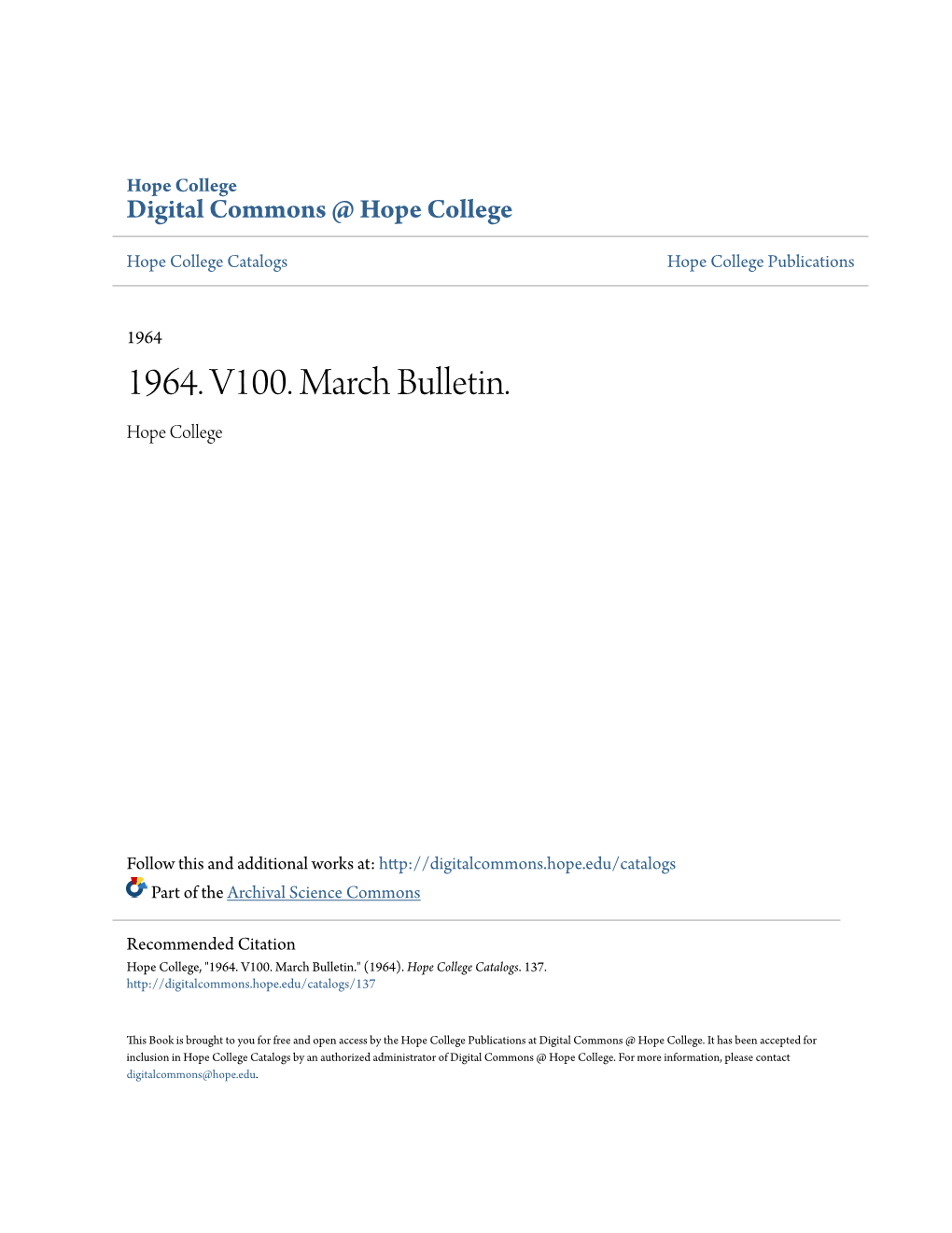 1964. V100. March Bulletin. Hope College