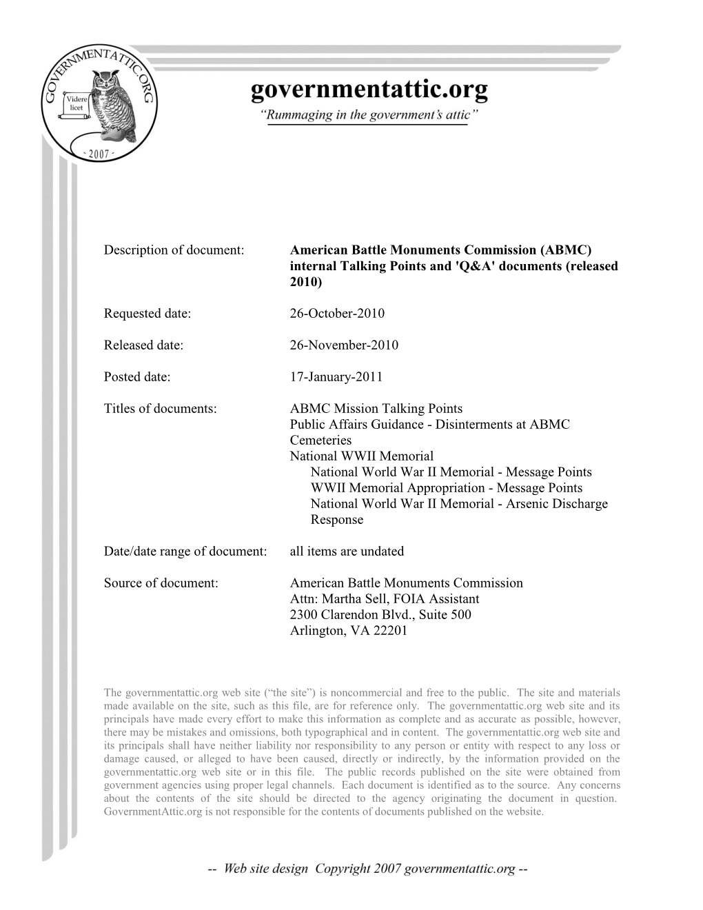 American Battle Monuments Commission (ABMC) Internal Talking Points and 'Q&A' Documents (Released 2010)