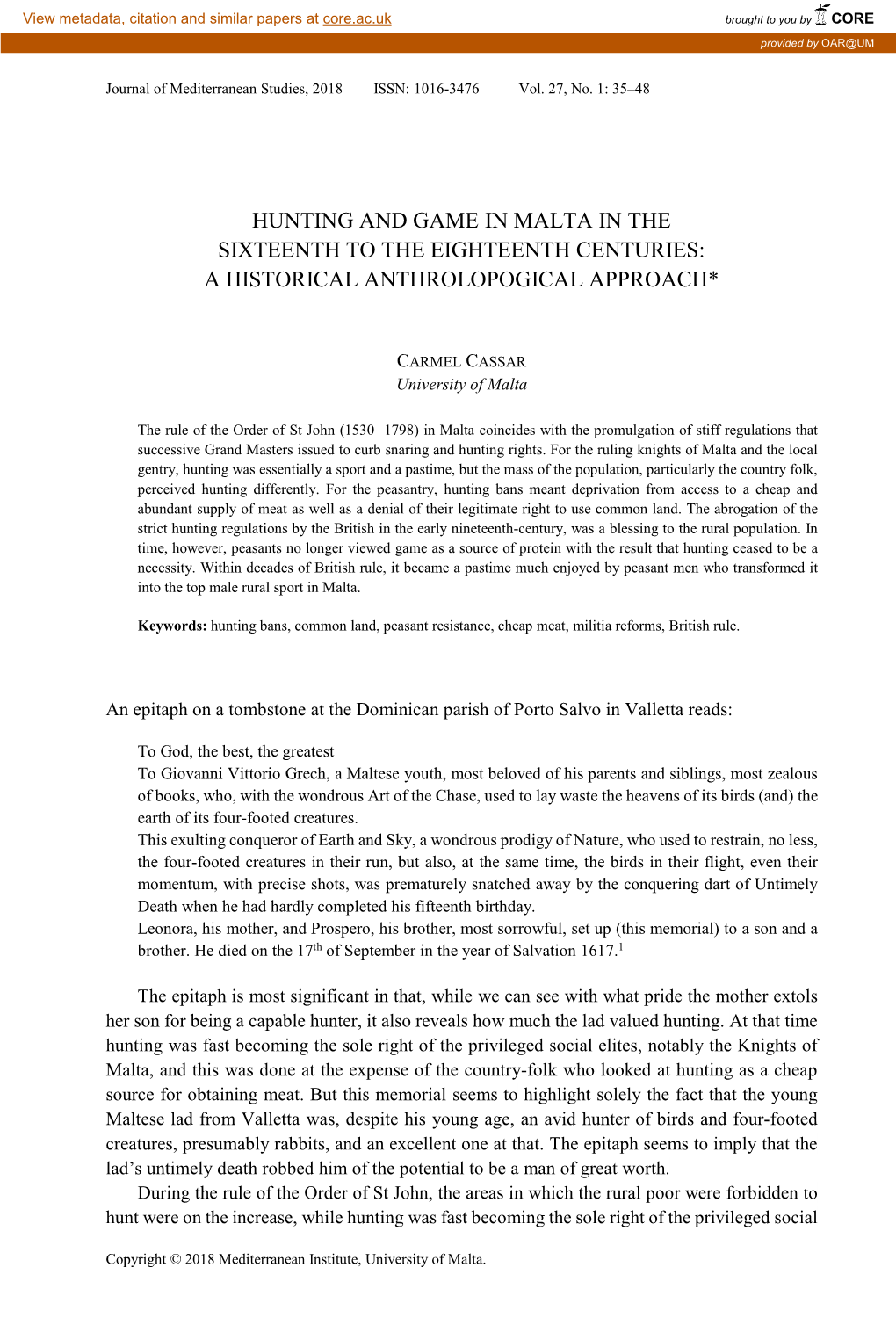 Hunting and Game in Malta in the Sixteenth to the Eighteenth Centuries: a Historical Anthrolopogical Approach*