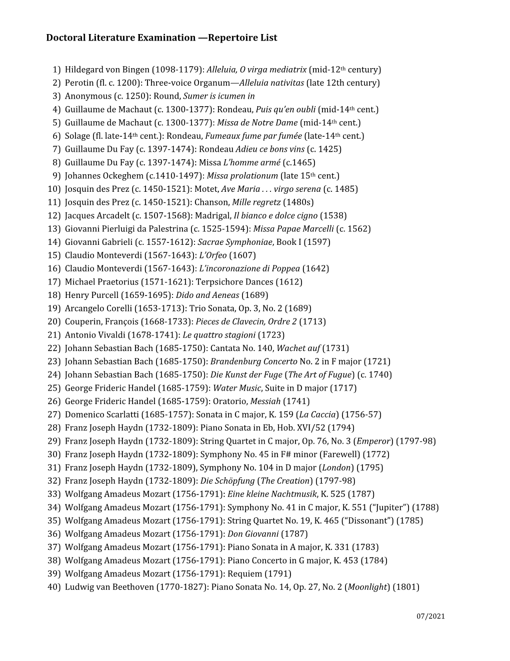 Doctoral Literature Exam Repertoire List