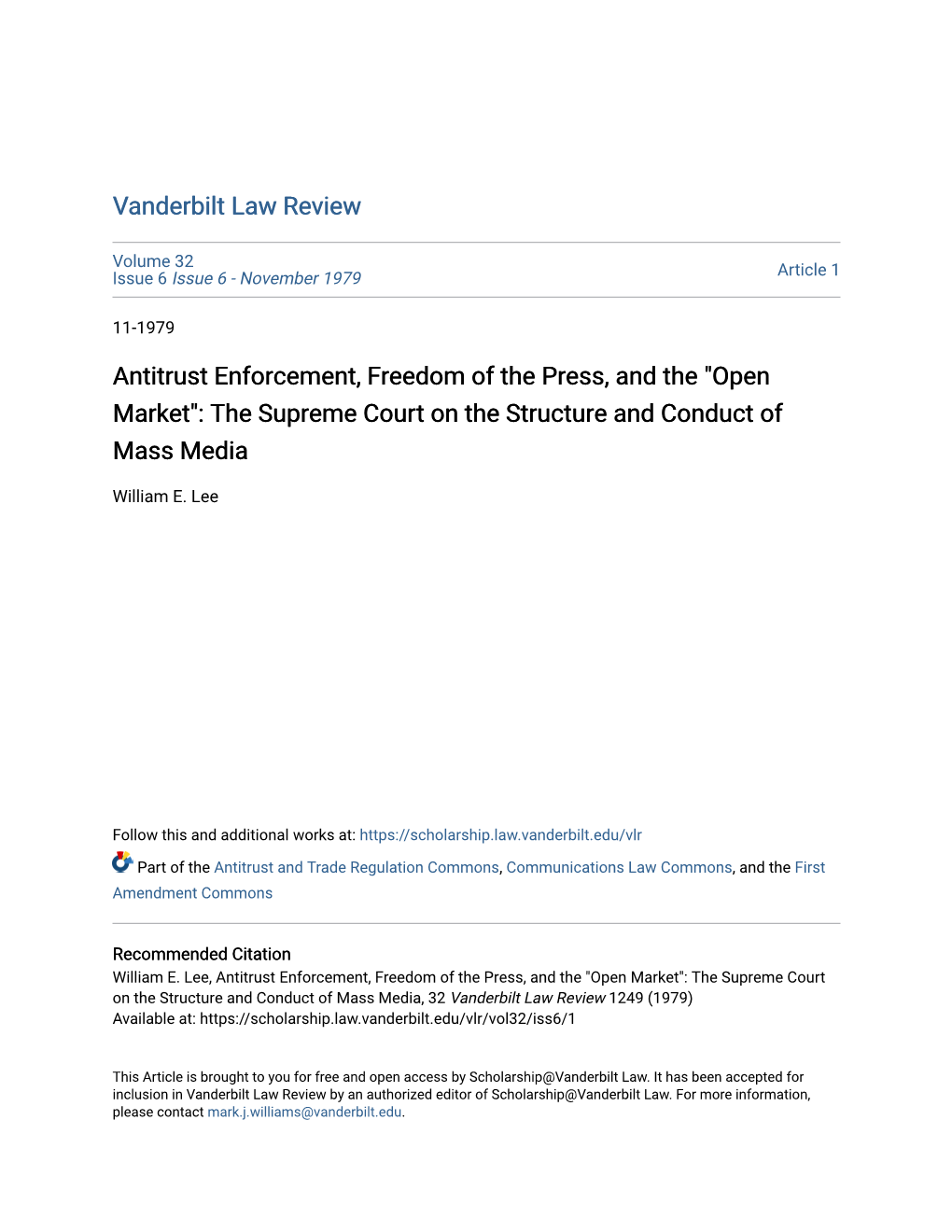 Antitrust Enforcement, Freedom of the Press, and the "Open Market": the Supreme Court on the Structure and Conduct of Mass Media