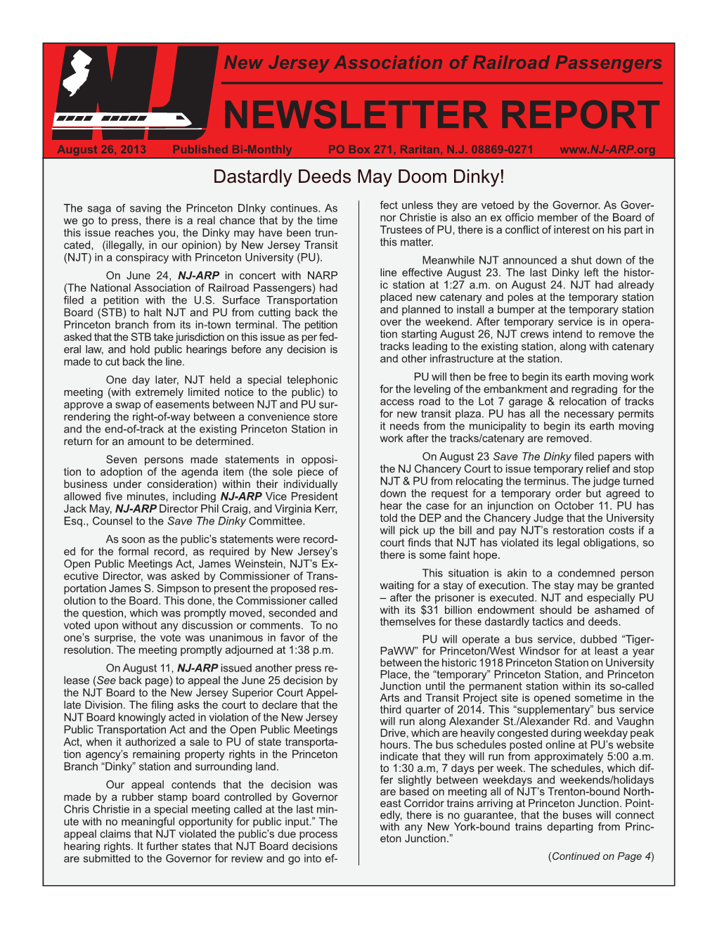 NEWSLETTER REPORT August 26, 2013 Published Bi-Monthly PO Box 271, Raritan, N.J