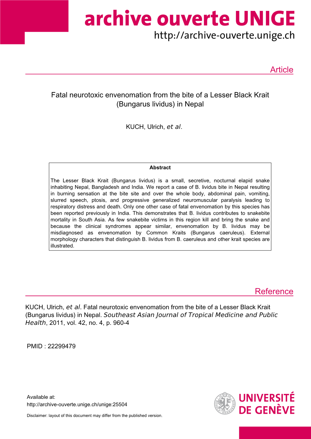 Fatal Neurotoxic Envenomation from the Bite of a Lesser Black Krait (Bungarus Lividus) in Nepal