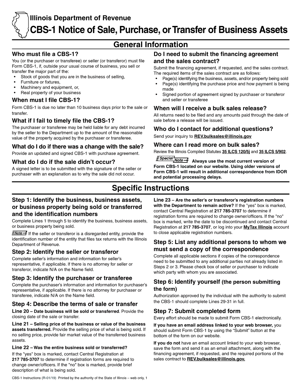 CBS-1 Instructions (R-01/19) Printed by the Authority of the State of Illinois – Web Only, 1