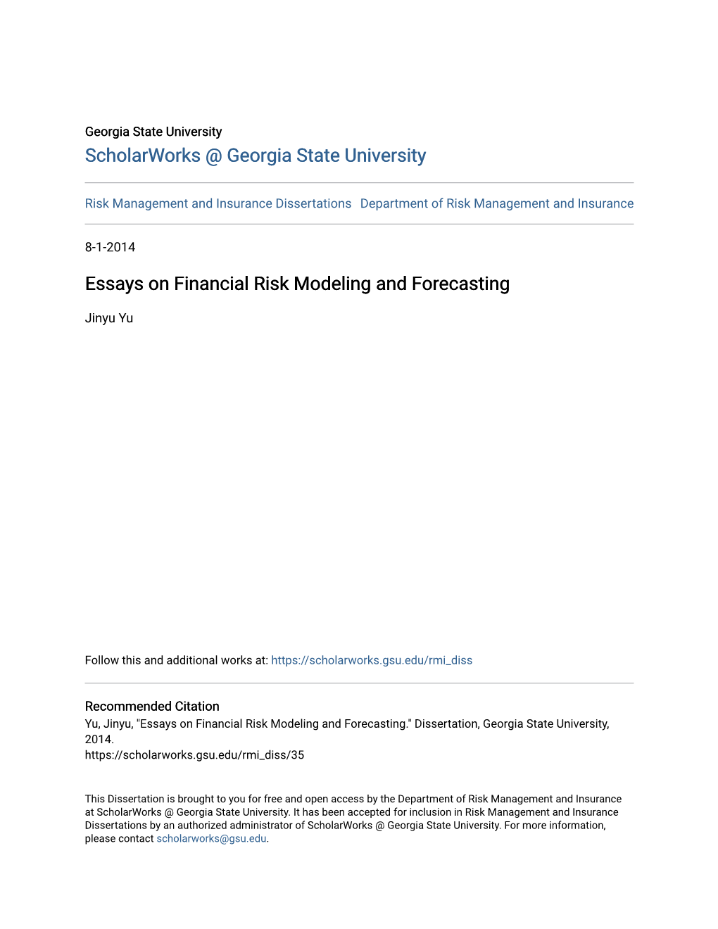 Essays on Financial Risk Modeling and Forecasting