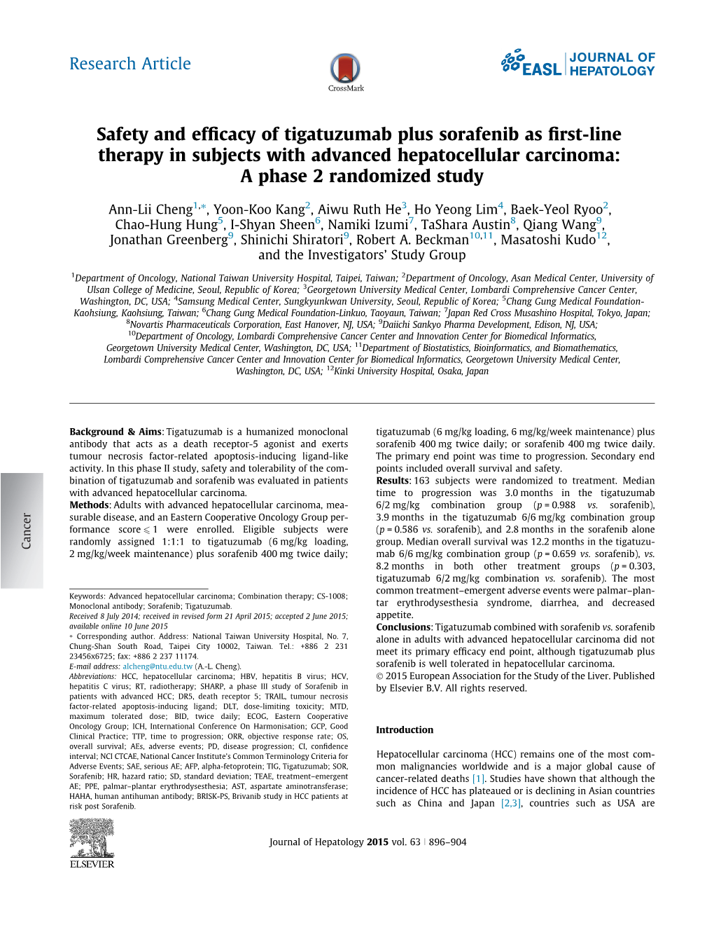 Safety and Efficacy of Tigatuzumab Plus Sorafenib As First-Line Therapy