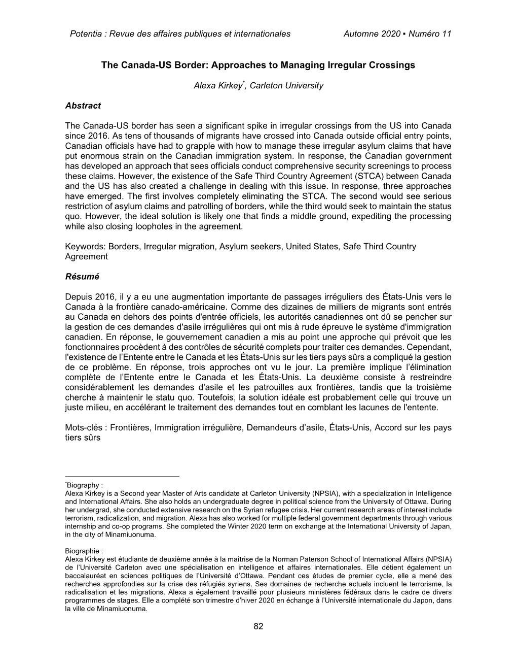 The Canada-US Border: Approaches to Managing Irregular Crossings