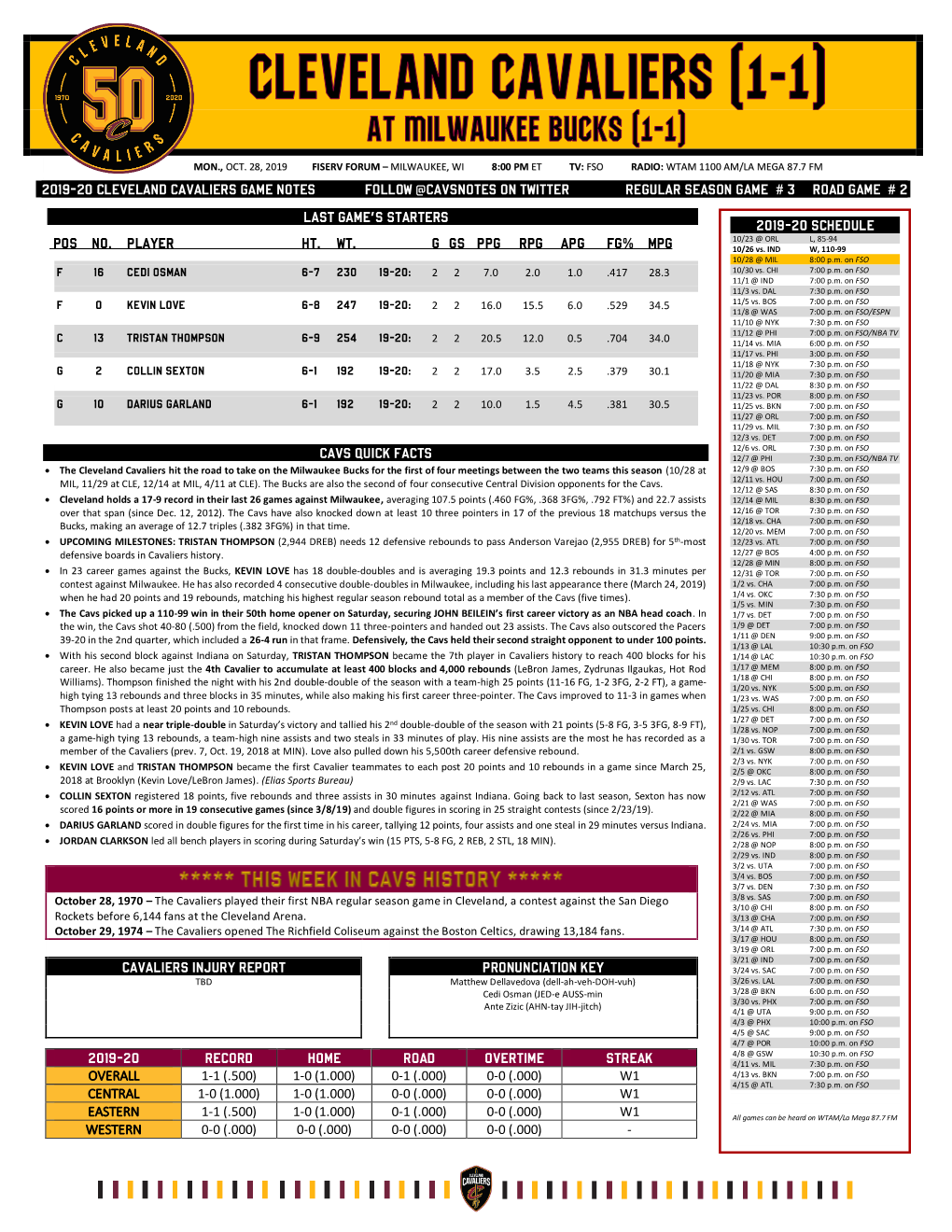 2019-20 Cleveland Cavaliers Game Notes Follow @Cavsnotes on Twitter Regular Season Game # 3 Road Game # 2