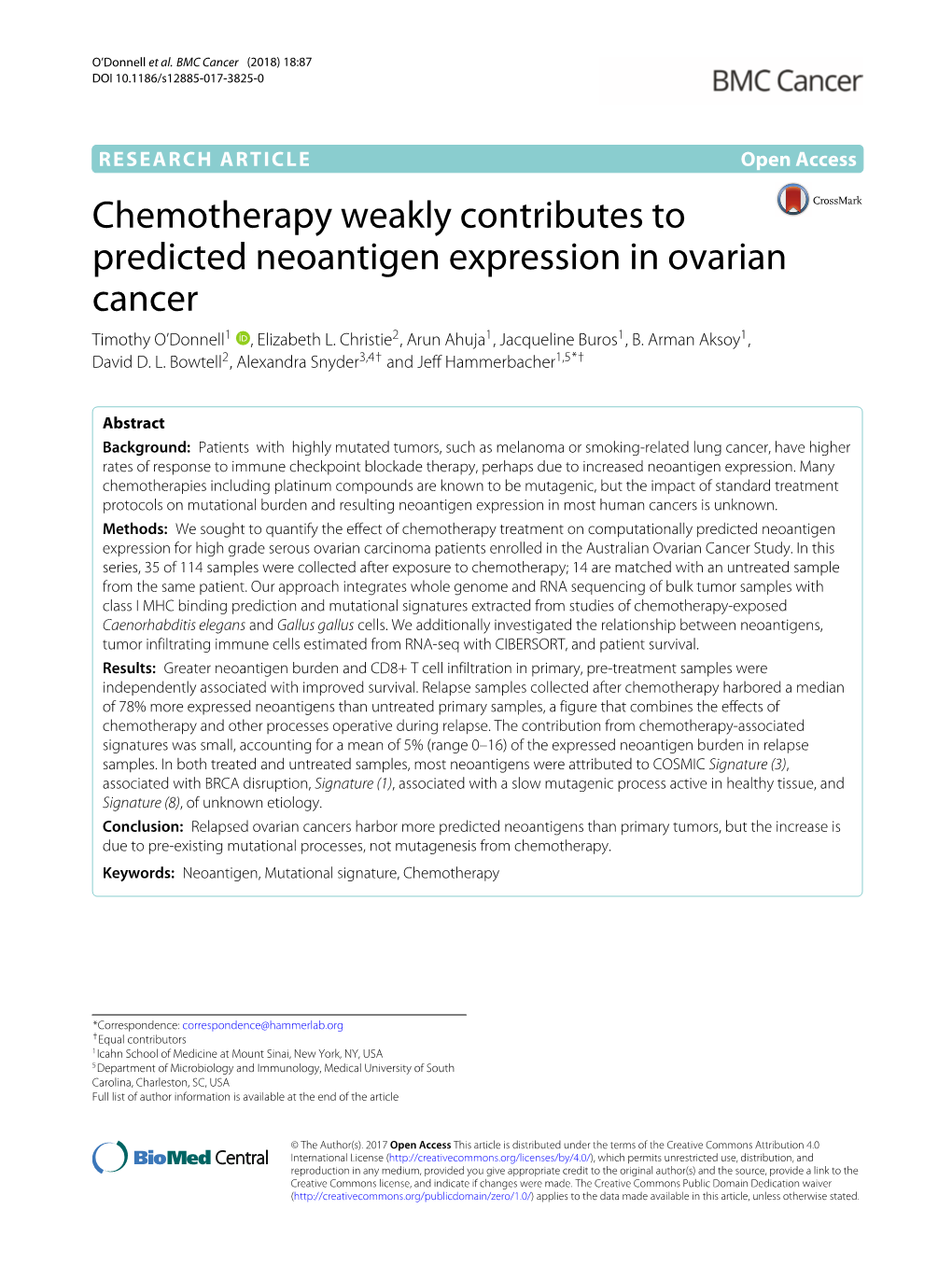 Chemotherapy Weakly Contributes to Predicted Neoantigen Expression in Ovarian Cancer Timothy O’Donnell1 , Elizabeth L
