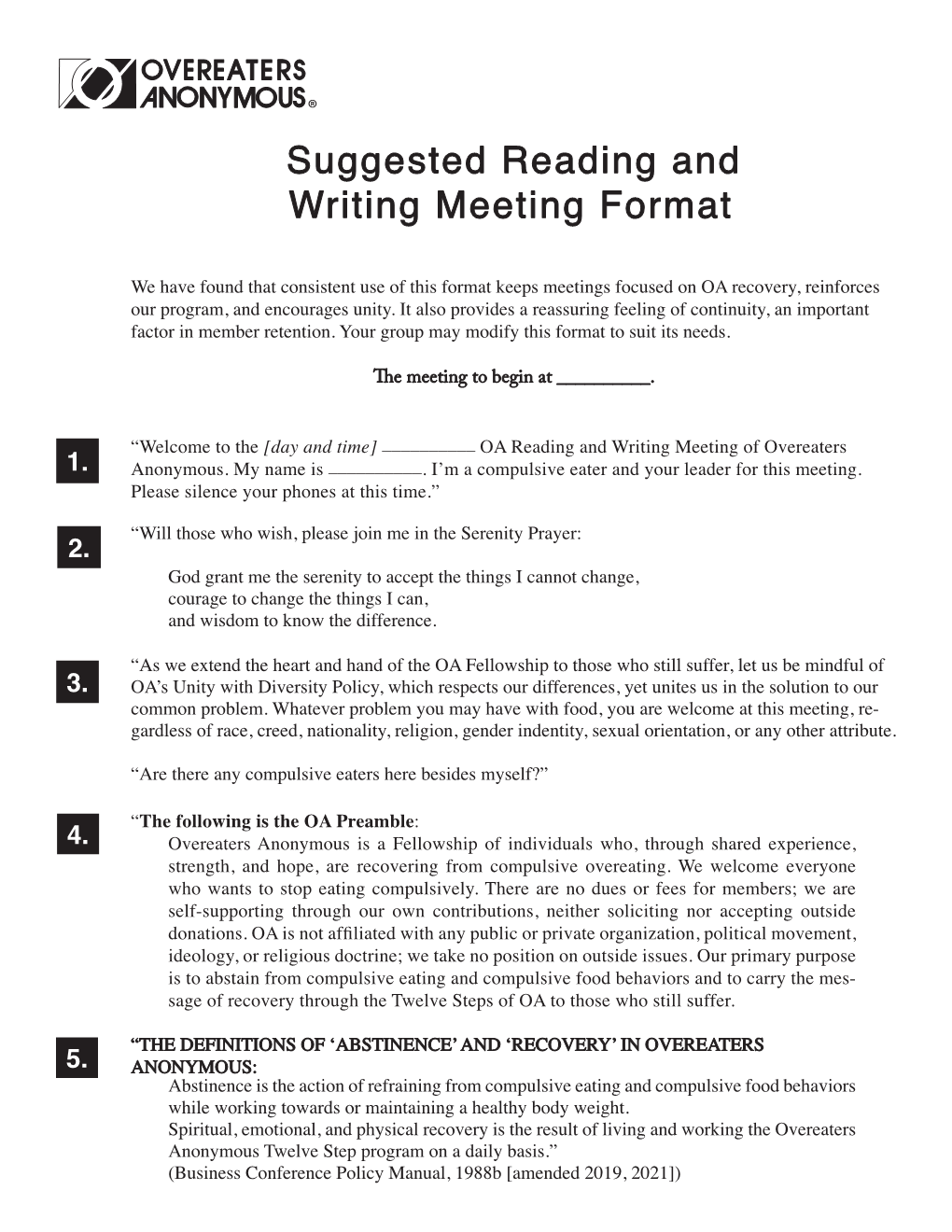 Suggested Reading and Writing Meeting Format