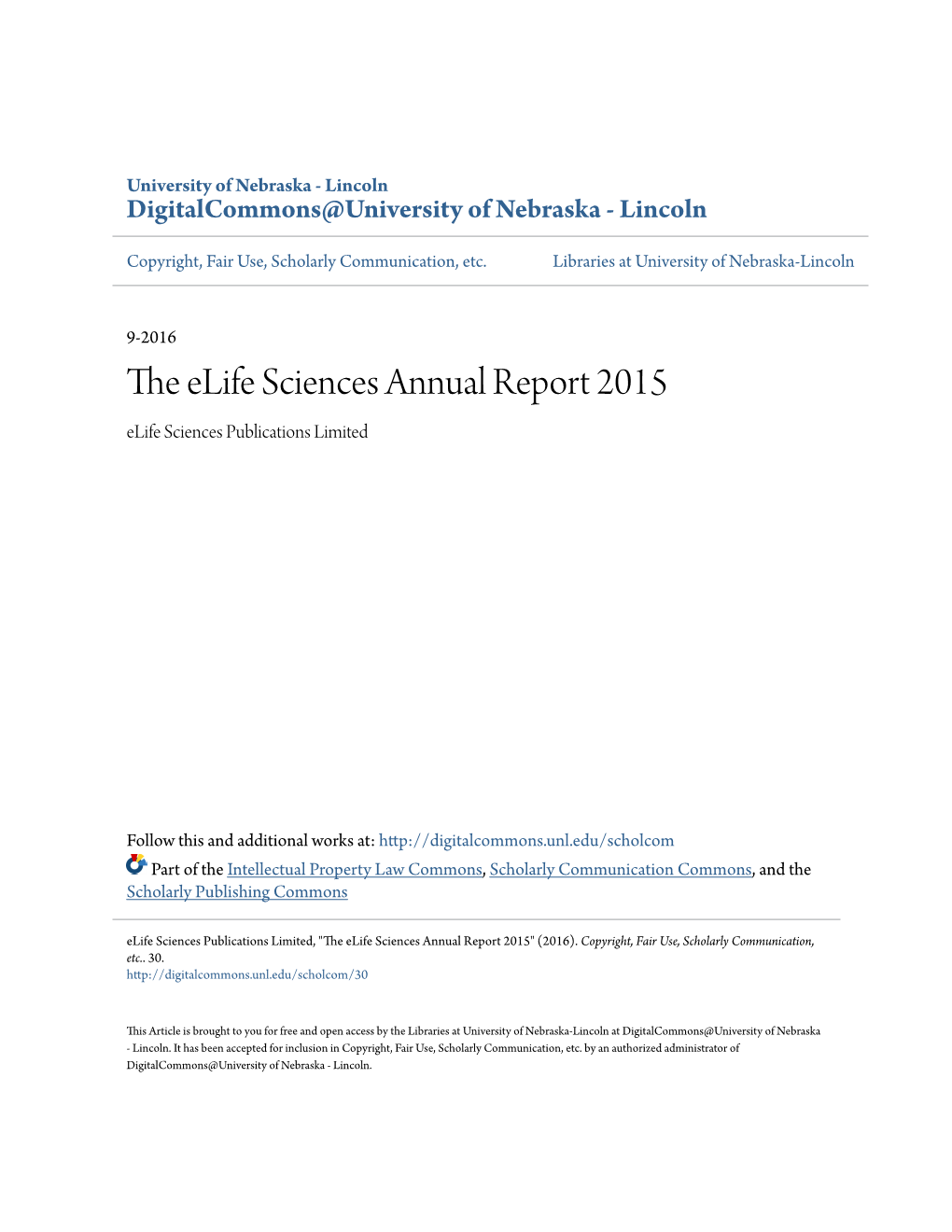 The Elife Sciences Annual Report 2015 Elife Sciences Publications Limited