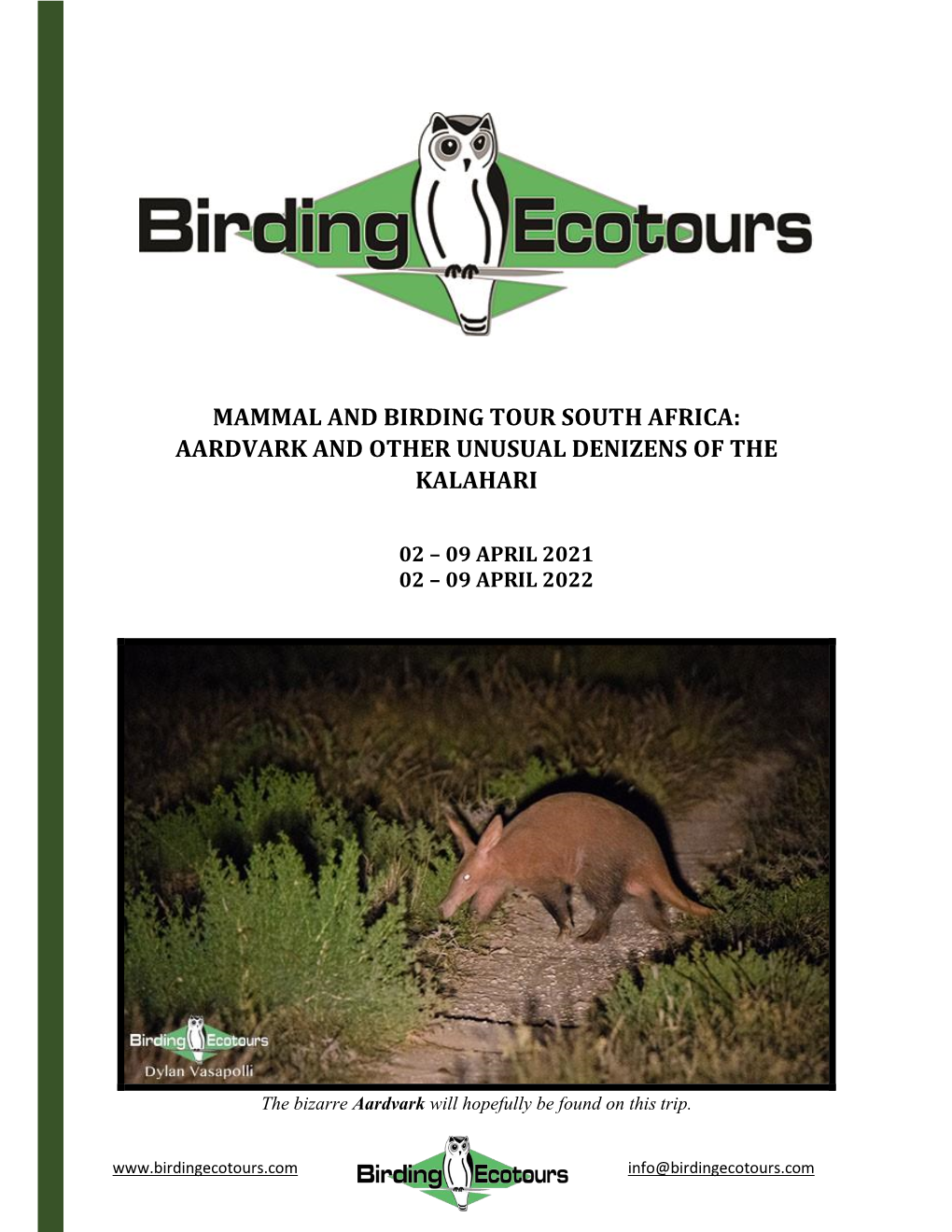 Mammal and Birding Tour South Africa: Aardvark and Other Unusual Denizens of the Kalahari