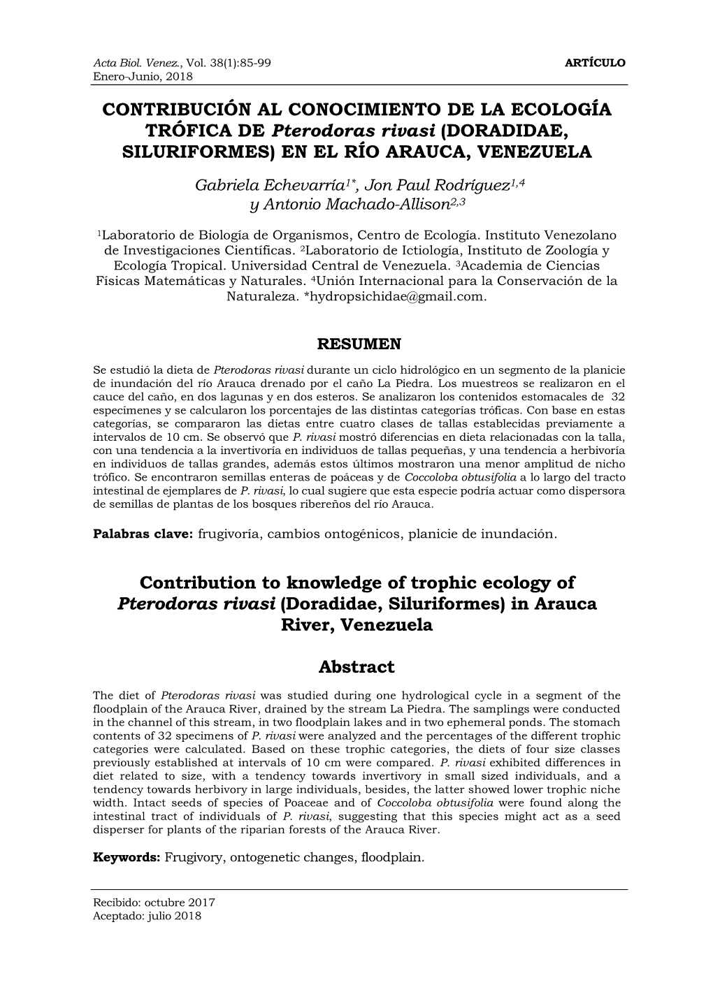 CONTRIBUCIÓN AL CONOCIMIENTO DE LA ECOLOGÍA TRÓFICA DE Pterodoras Rivasi (DORADIDAE, SILURIFORMES) EN EL RÍO ARAUCA, VENEZUELA