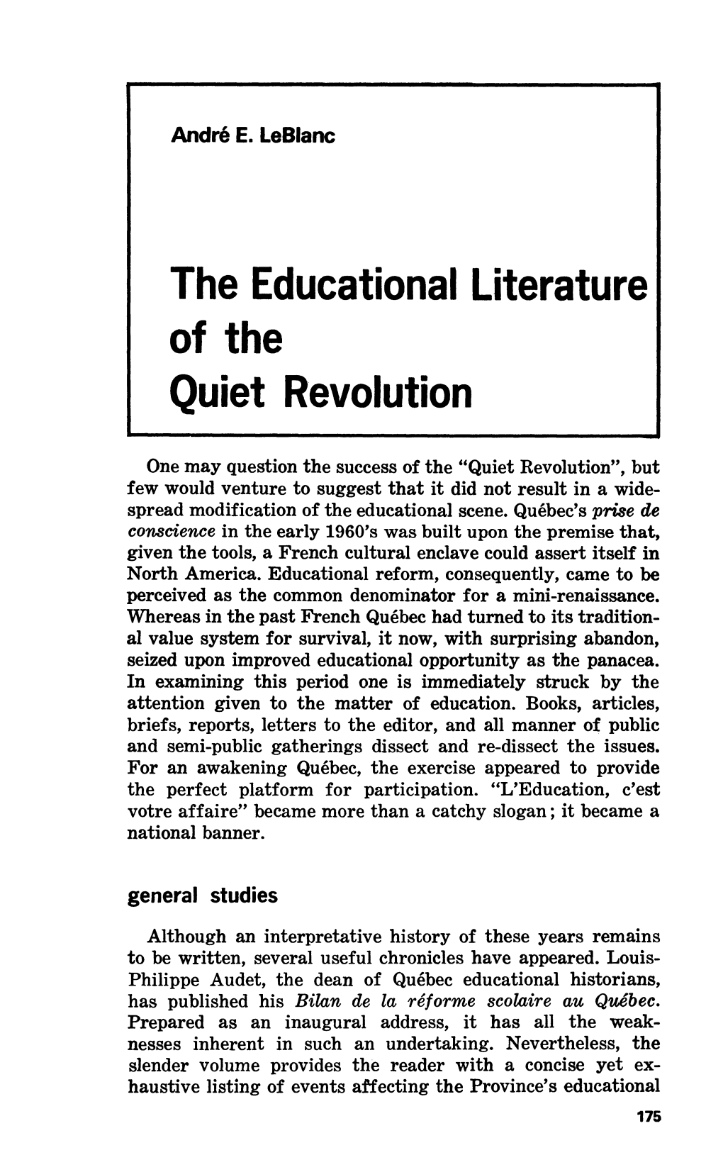 The Educational Literature of the Quiet Revolution