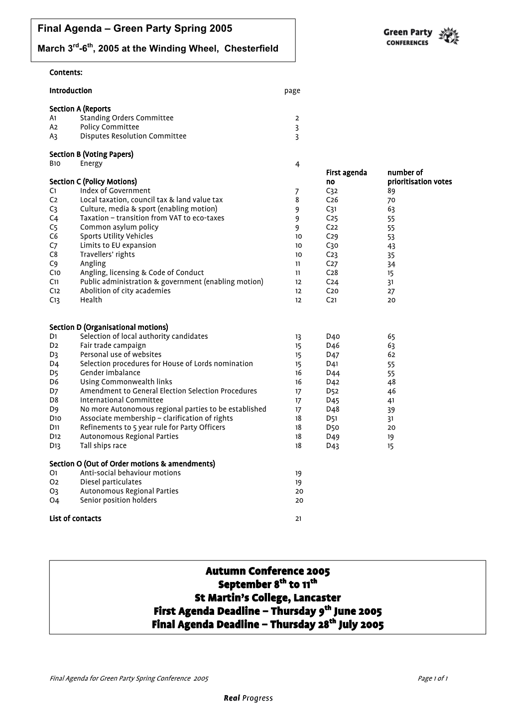 Green Party Conference Final Agenda