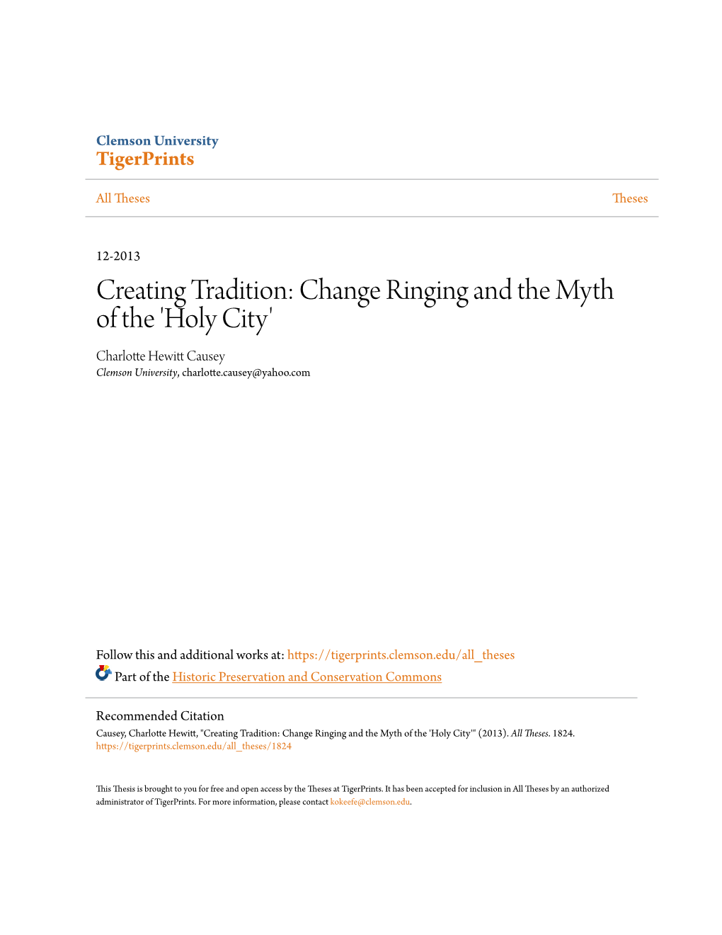 Creating Tradition: Change Ringing and the Myth of the 'Holy City' Charlotte Hewitt Ac Usey Clemson University, Charlotte.Causey@Yahoo.Com