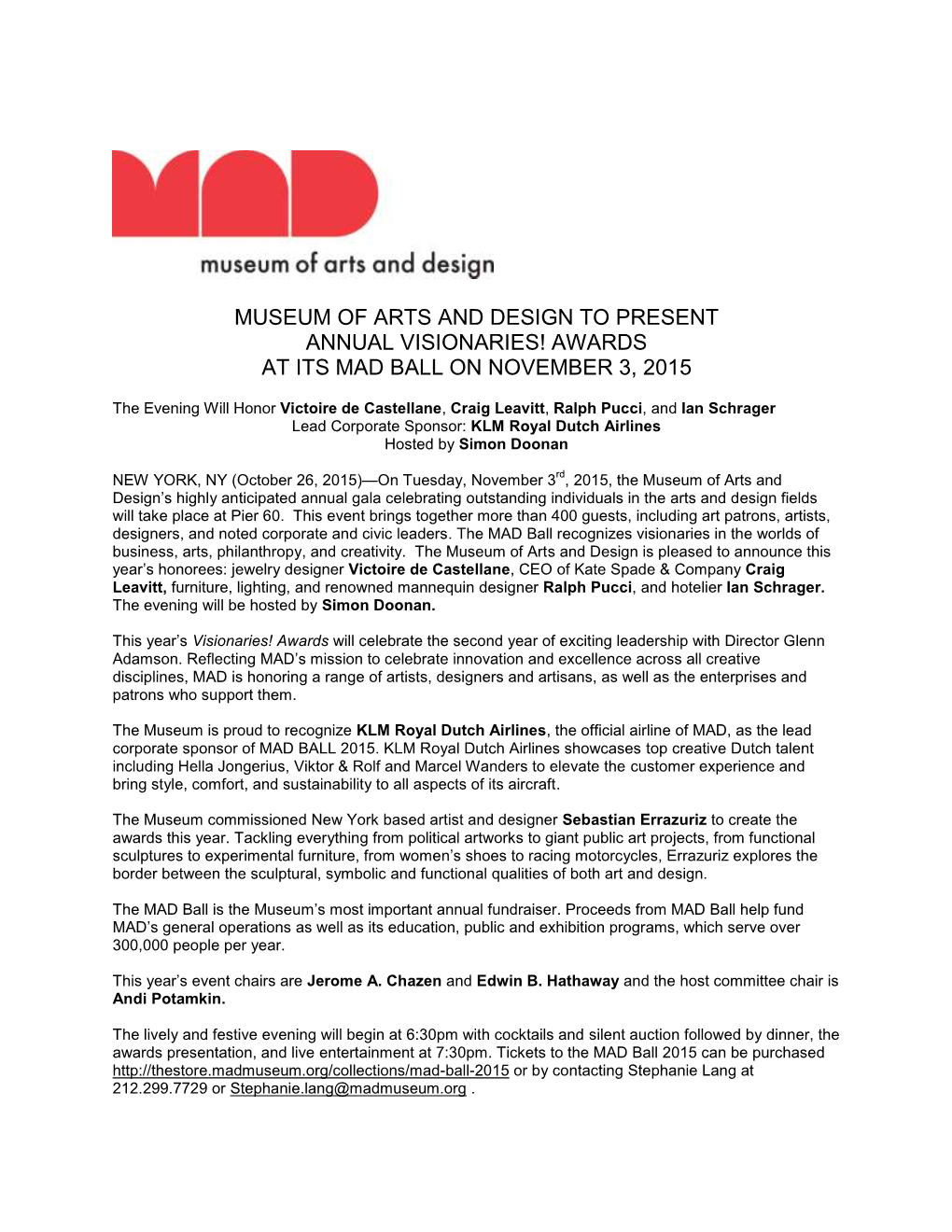 MAD Ball 2015 Press Release