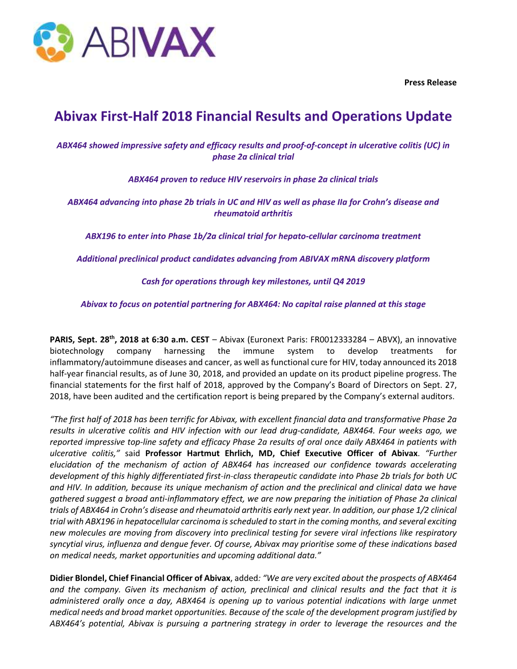Abivax First-Half 2018 Financial Results and Operations Update
