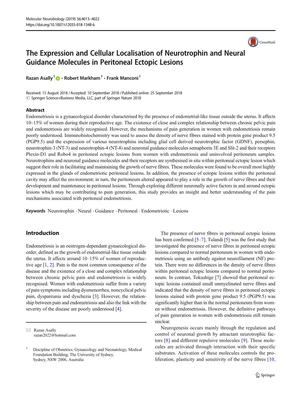 The Expression and Cellular Localisation of Neurotrophin and Neural Guidance Molecules in Peritoneal Ectopic Lesions