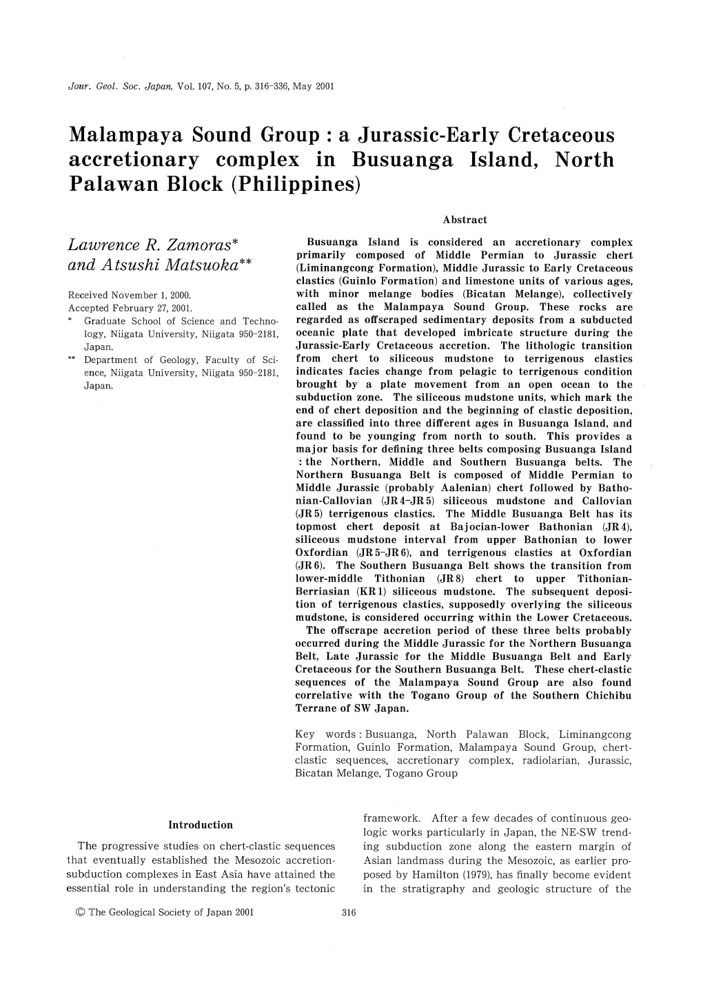 A Jurassic-Early Cretaceous Accretionary Complex in Busuanga Island, North Palawan Block (Philippines)