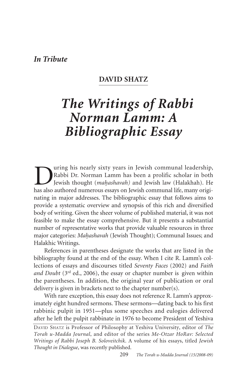 The Writings of Rabbi Norman Lamm: a Bibliographic Essay