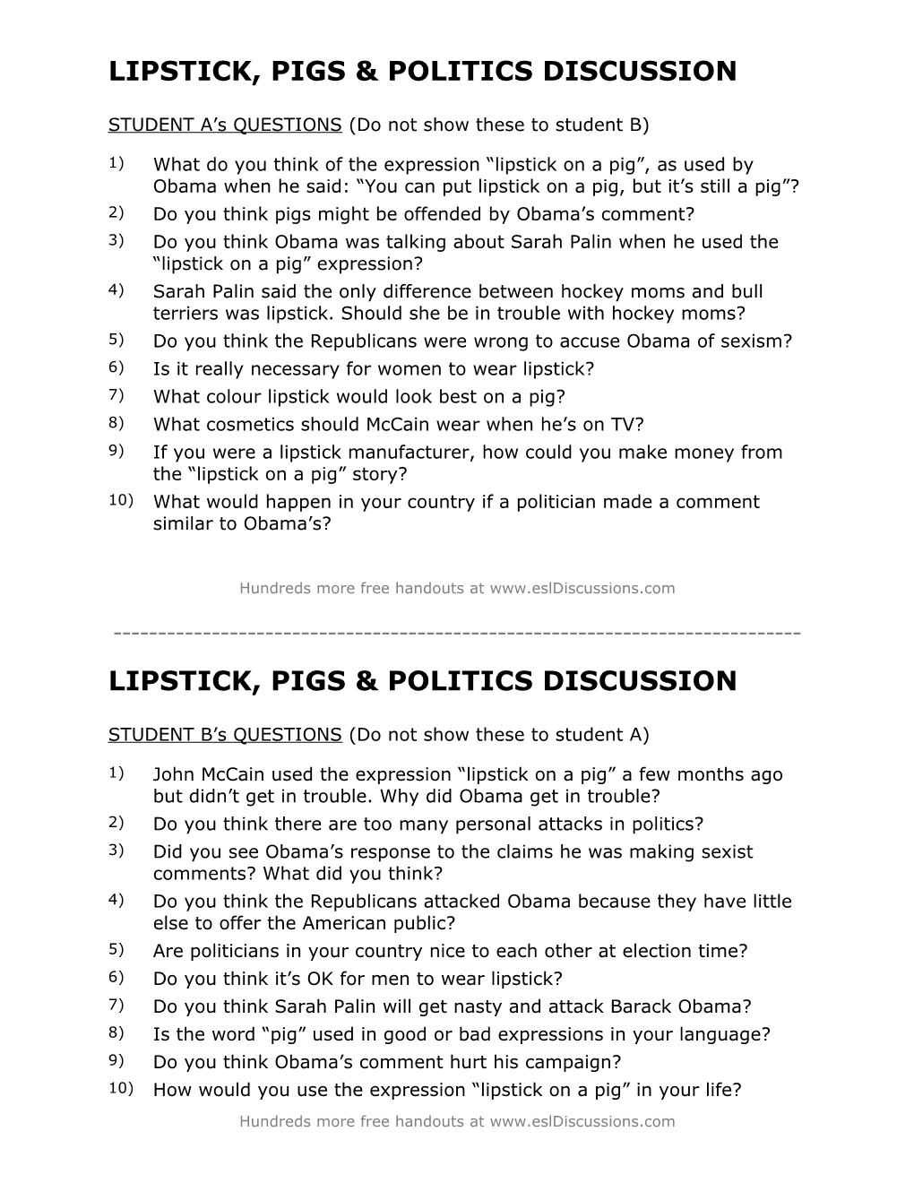 ESL Conversation Lesson on Lipstick, Pigs and Politics