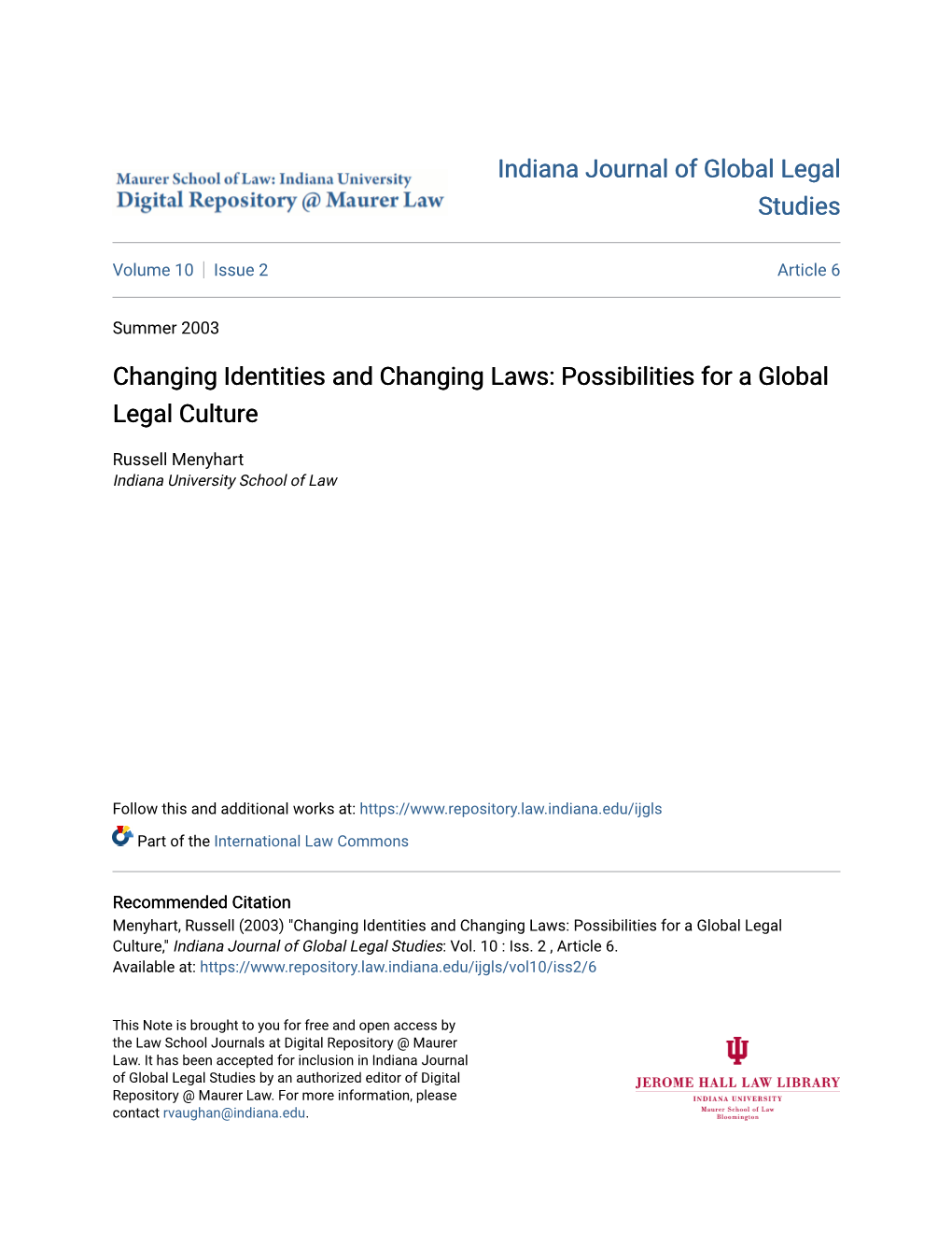 Changing Identities and Changing Laws: Possibilities for a Global Legal Culture