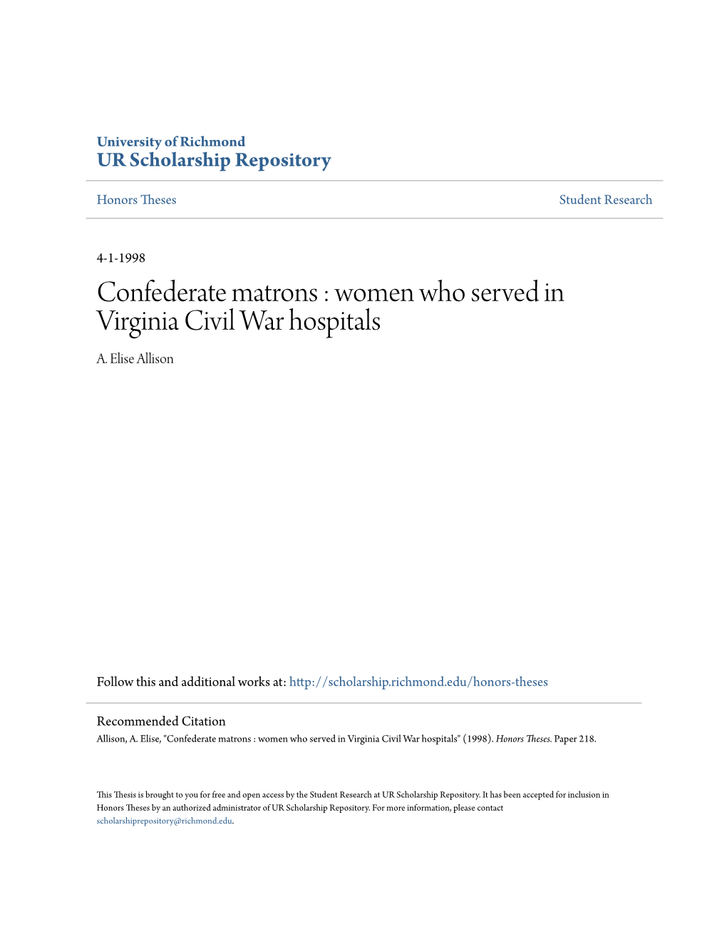 Confederate Matrons : Women Who Served in Virginia Civil War Hospitals A