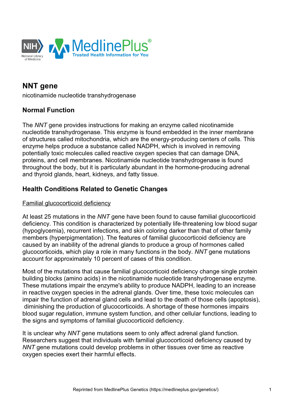 NNT Gene Nicotinamide Nucleotide Transhydrogenase