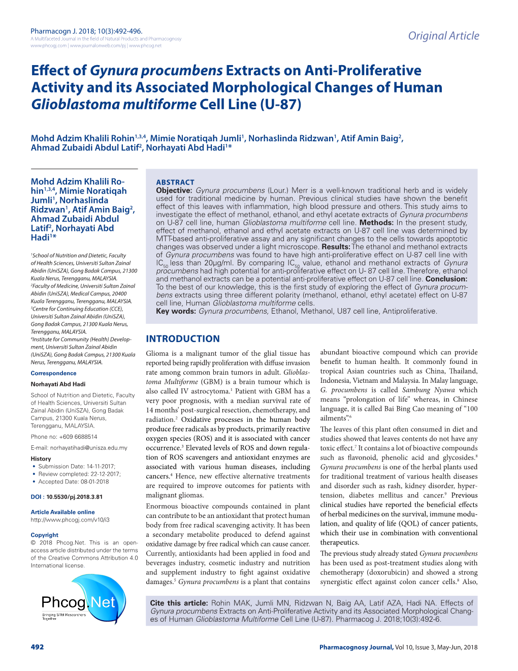 Effect of Gynura Procumbens Extracts on Anti-Proliferative Activity and Its Associated Morphological Changes of Human Glioblastoma Multiforme Cell Line (U-87)