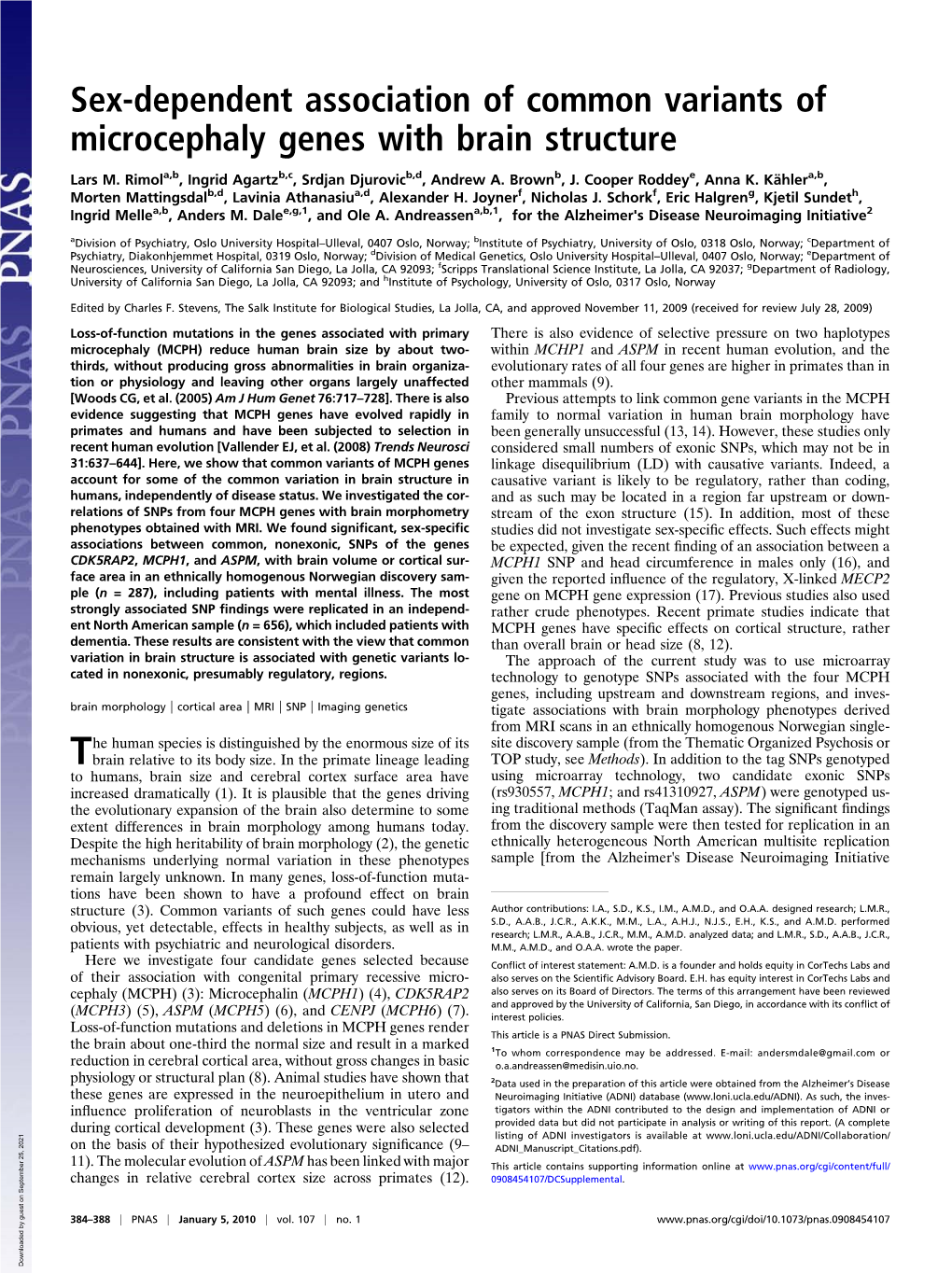 Sex-Dependent Association of Common Variants of Microcephaly Genes with Brain Structure