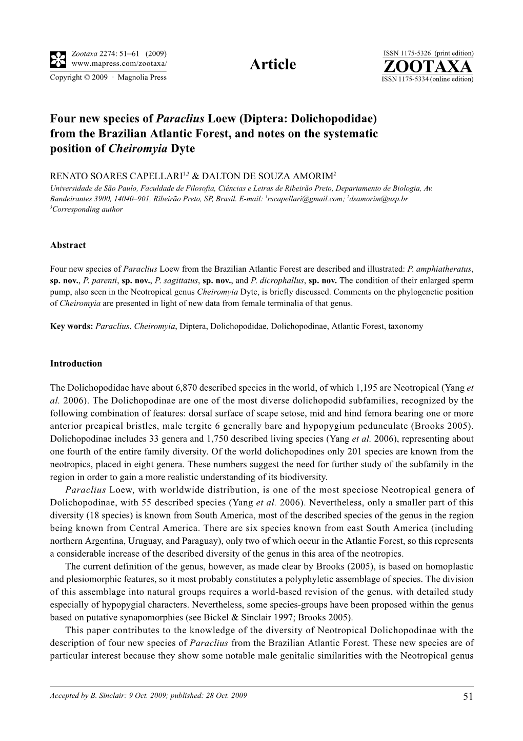 Zootaxa, Four New Species of Paraclius Loew