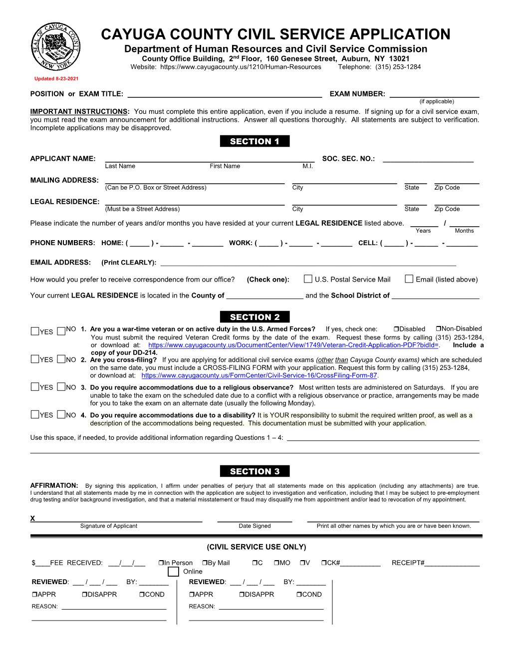 Cayuga County Civil Service Application