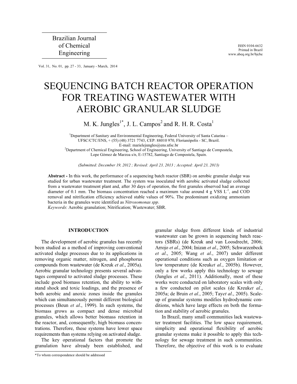 Sequencing Batch Reactor Operation for Treating Wastewater with Aerobic Granular Sludge