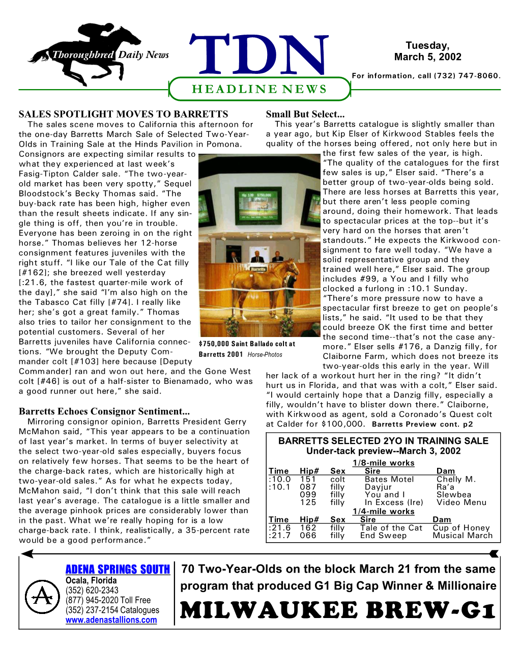 MILWAUKEE BREW-G1 TDN P HEADLINE NEWS • 3/5/02 • PAGE 2 of 4