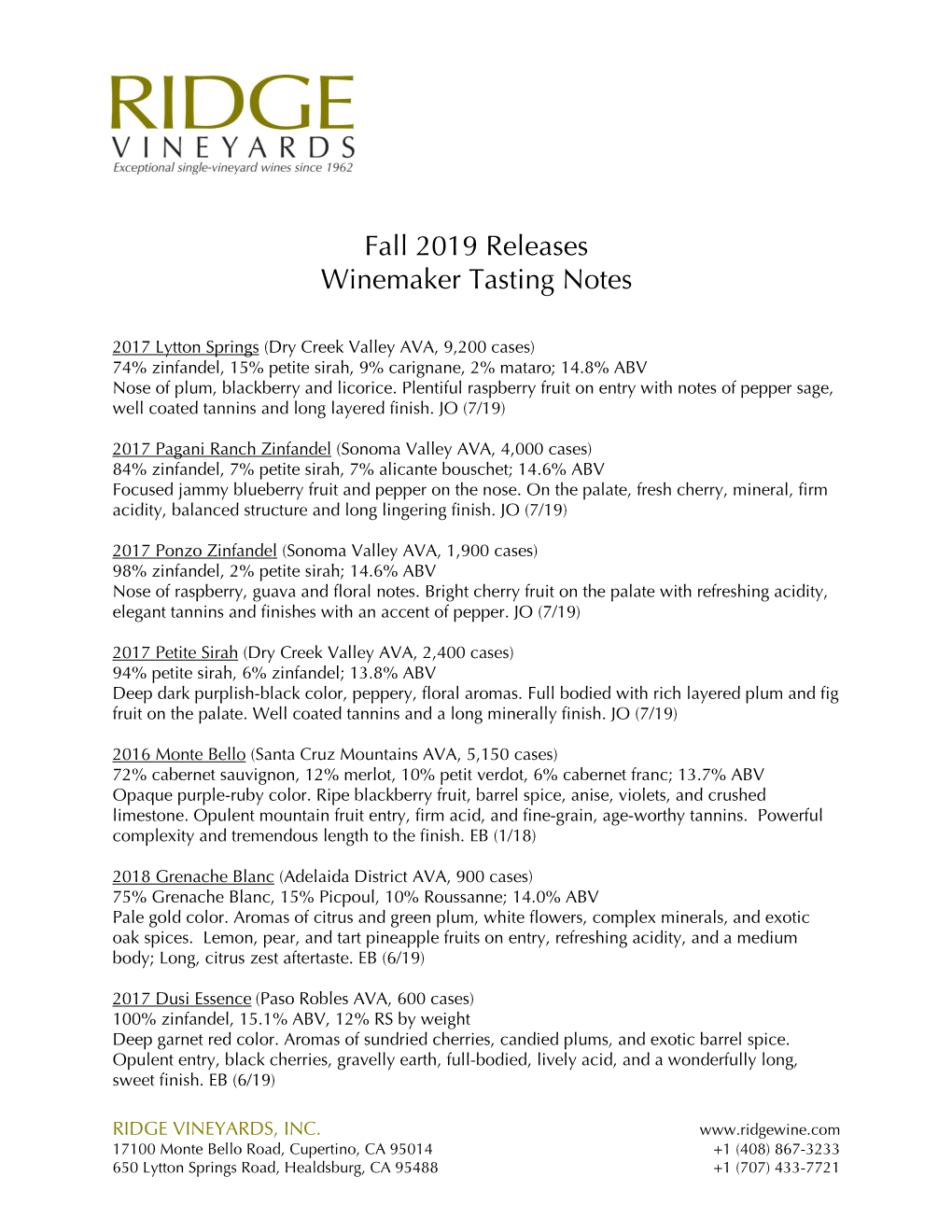 Fall 2019 Releases Winemaker Tasting Notes