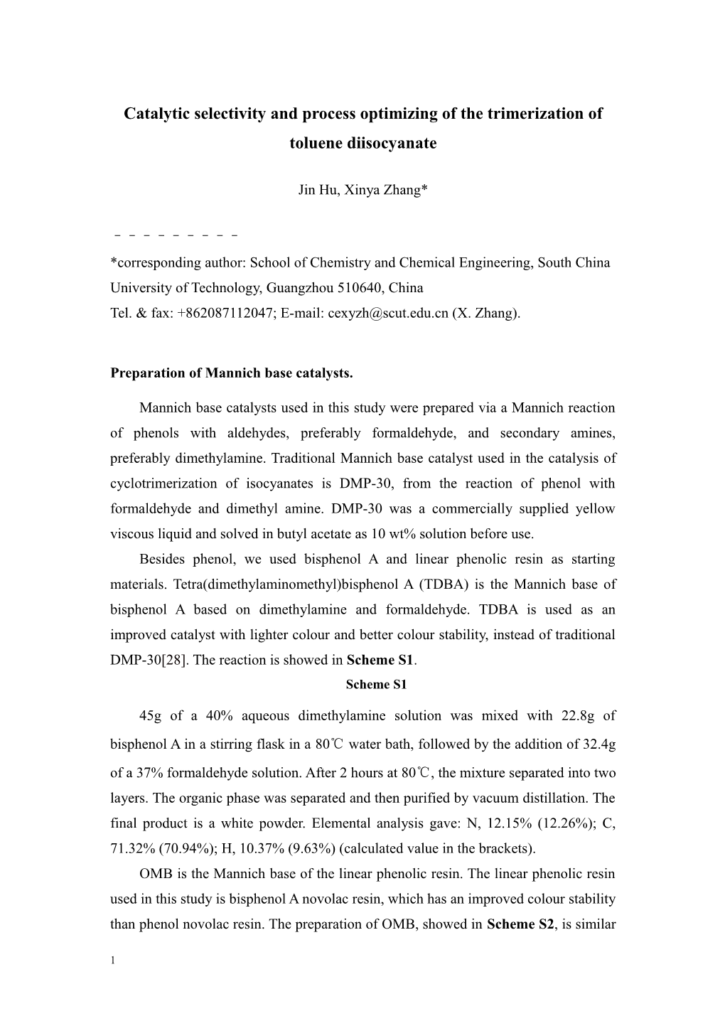 Catalytic Selectivity and Process Optimizing of the Trimerization of Toluene Diisocyanate