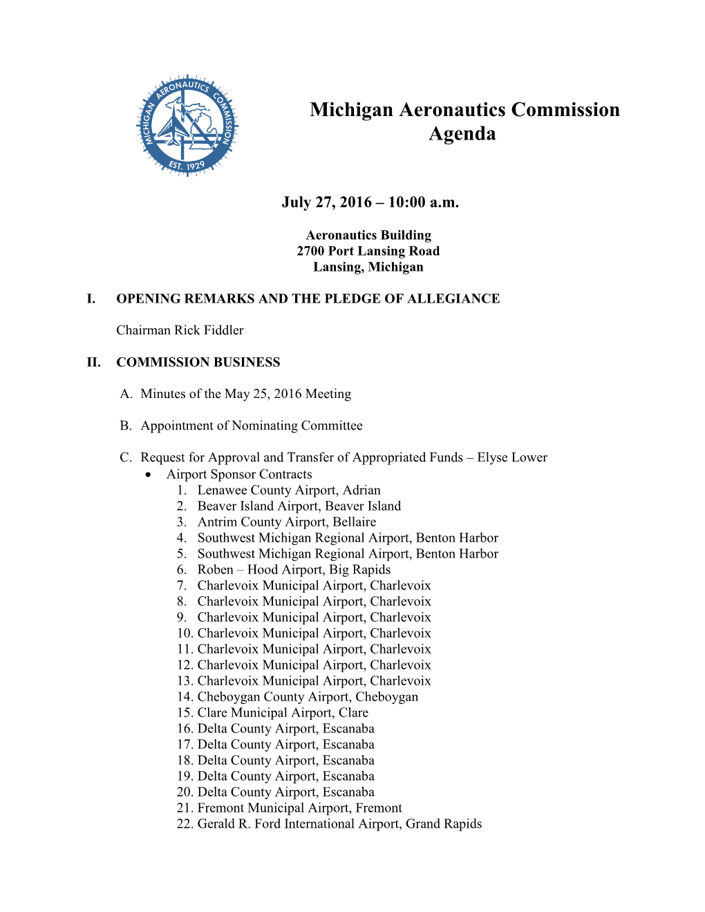 Michigan Aeronautics Commission Agenda
