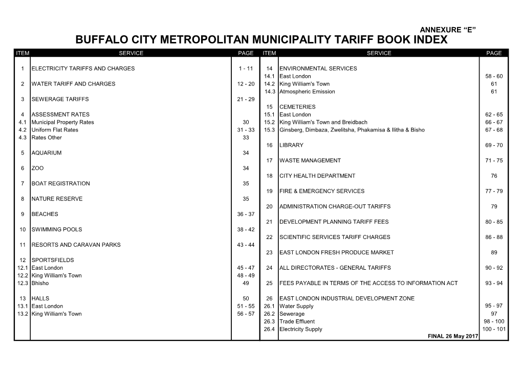 Buffalo City Metropolitan Municipality Tariff Book Index Item Service Page Item Service Page