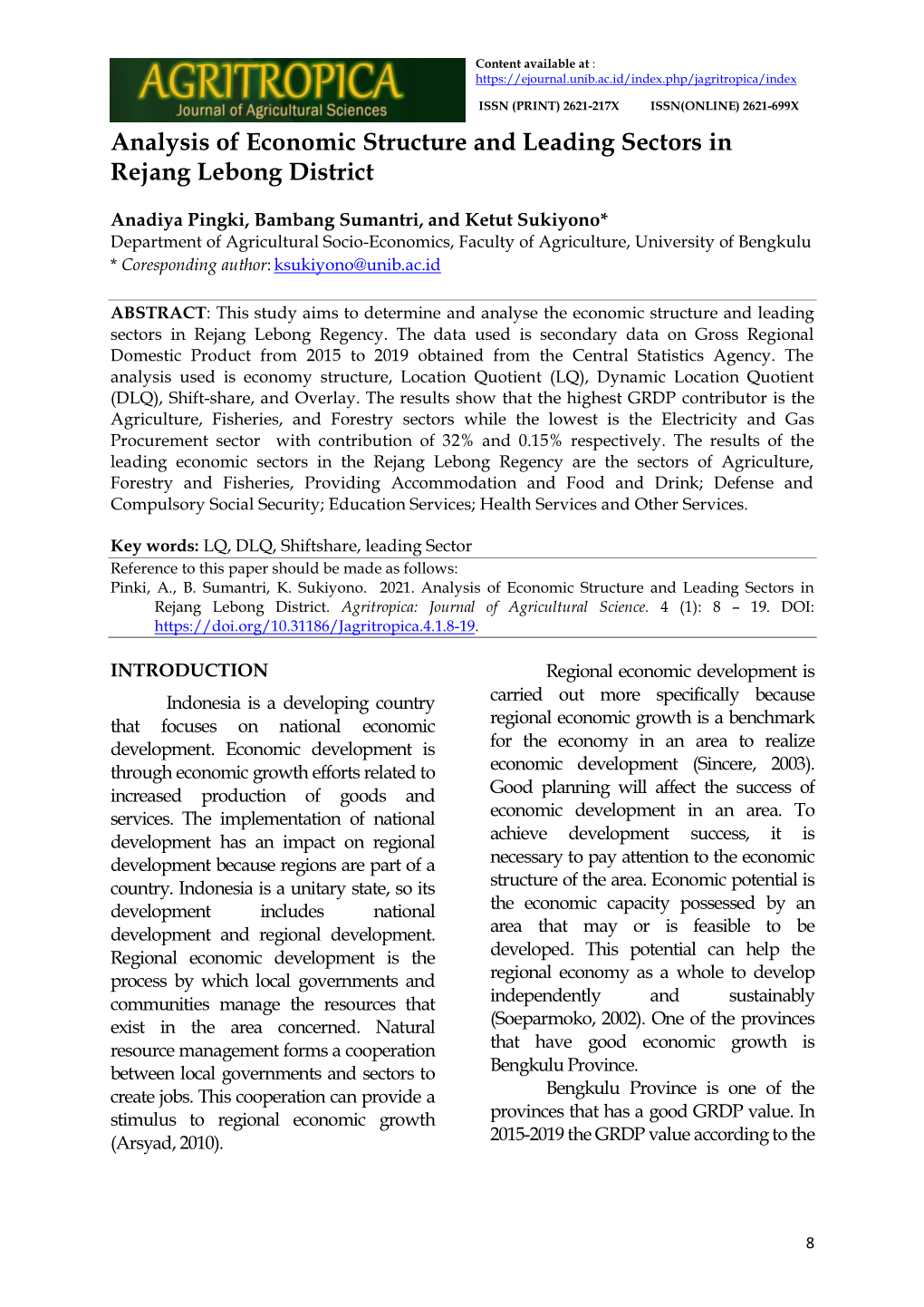 Analysis of Economic Structure and Leading Sectors in Rejang Lebong District