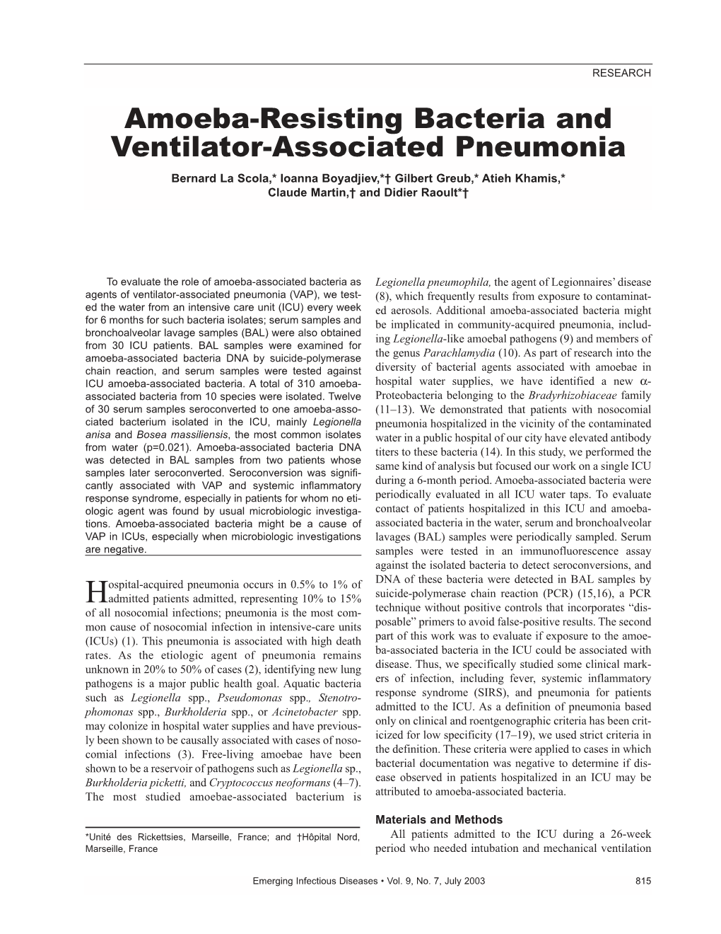 Amoeba-Resisting Bacteria and Ventilator-Associated Pneumonia