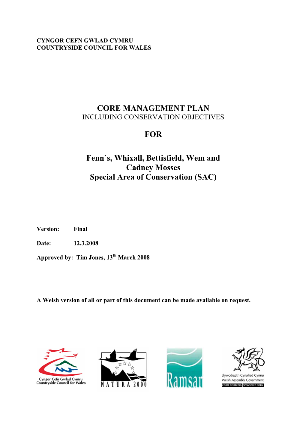 CORE MANAGEMENT PLAN for Fenn`S, Whixall, Bettisfield, Wem