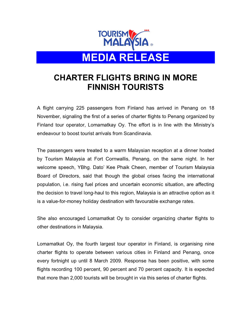 Media Release Charter Flights Bring in More Finnish Tourists