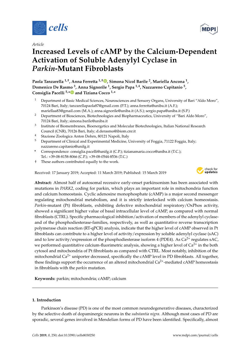 Increased Levels of Camp by the Calcium-Dependent Activation of Soluble Adenylyl Cyclase in Parkin-Mutant Fibroblasts