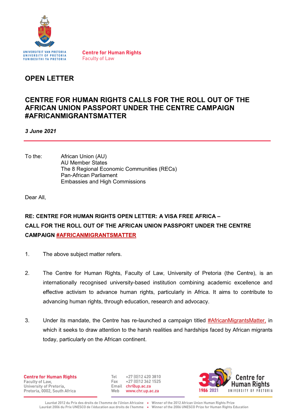 Open Letter Centre for Human Rights Calls for The