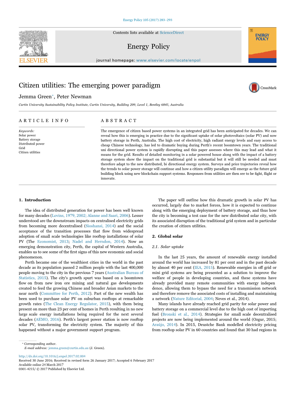 Energy Policy Citizen Utilities: the Emerging Power Paradigm